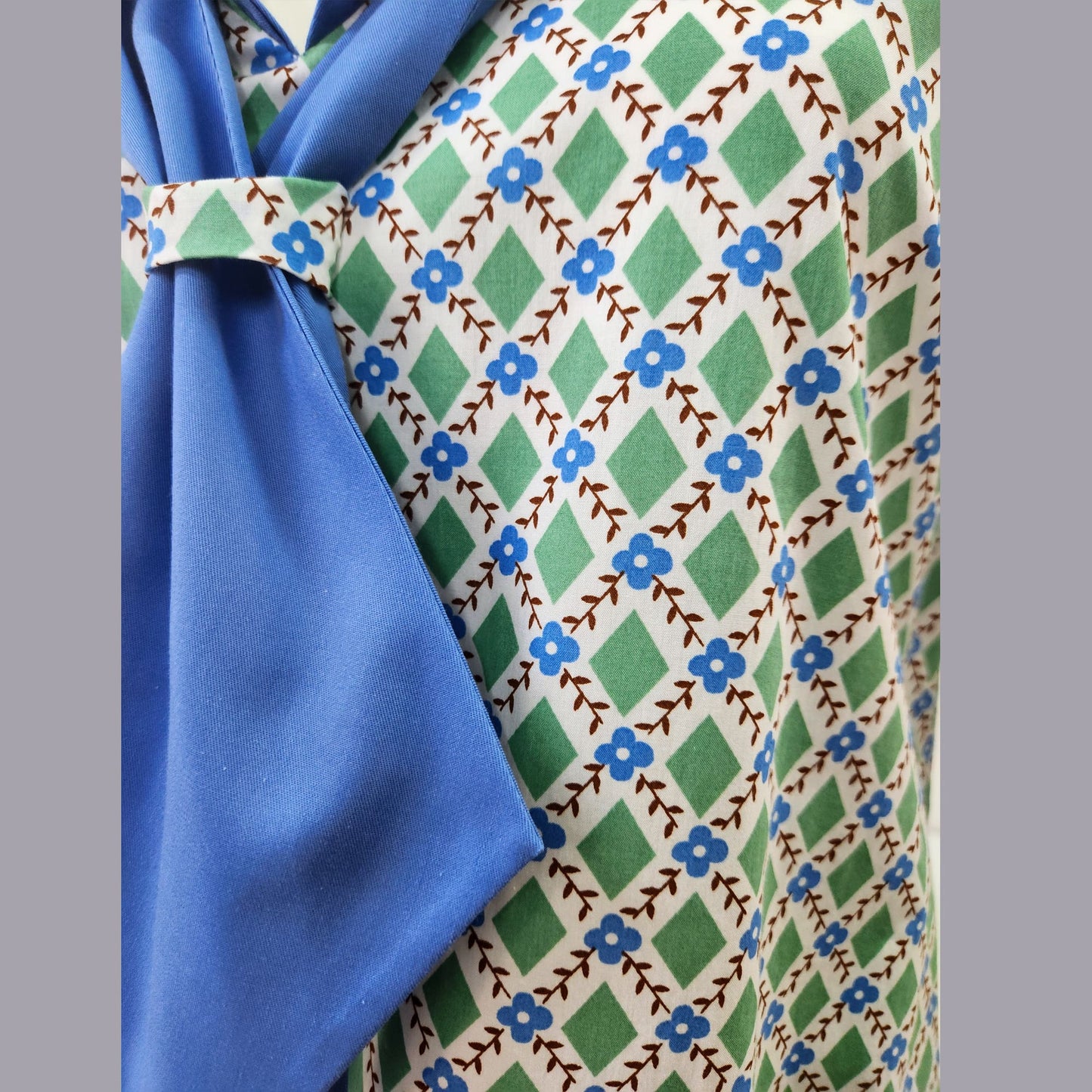 Cotton sailor-style 1920s dress with green and white diamond print