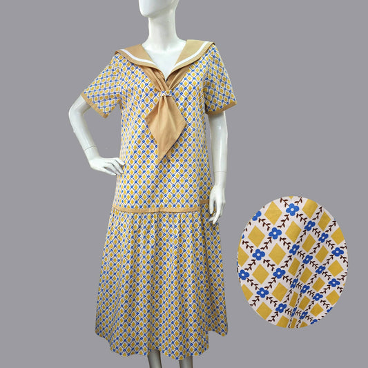 Sailor-style 1920s dress in mustard diamond print and yellow neckline