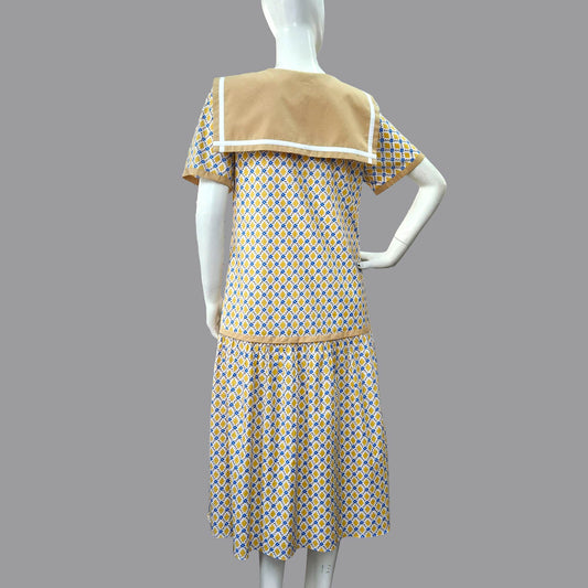 Sailor-style 1920s dress in mustard diamond print and yellow neckline