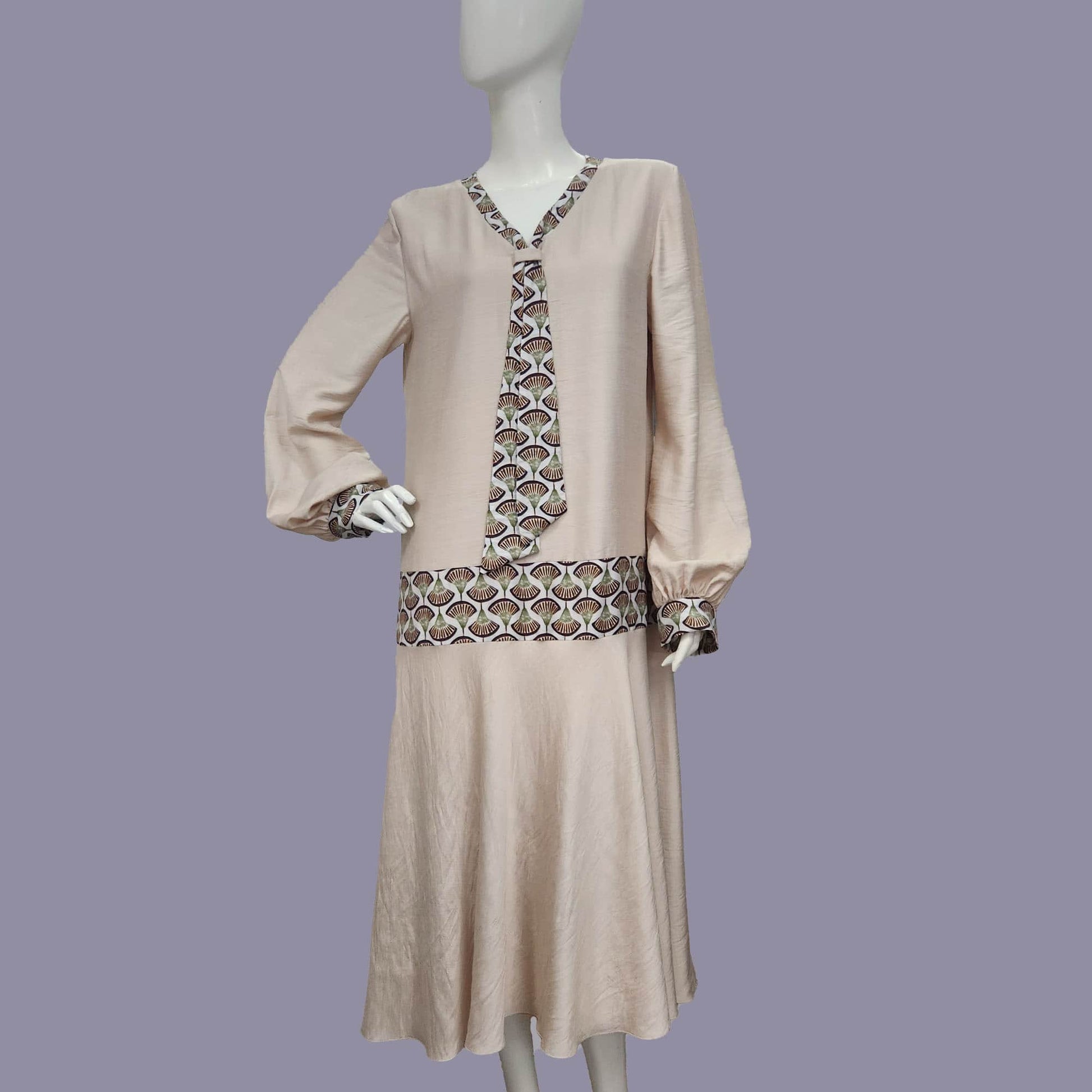 Beige Rayon Downton Abbey style Dress with Brown Deco Fan Print - a 1920s dress