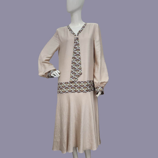 Beige Rayon Downton Abbey style Dress with Brown Deco Fan Print - a 1920s dress