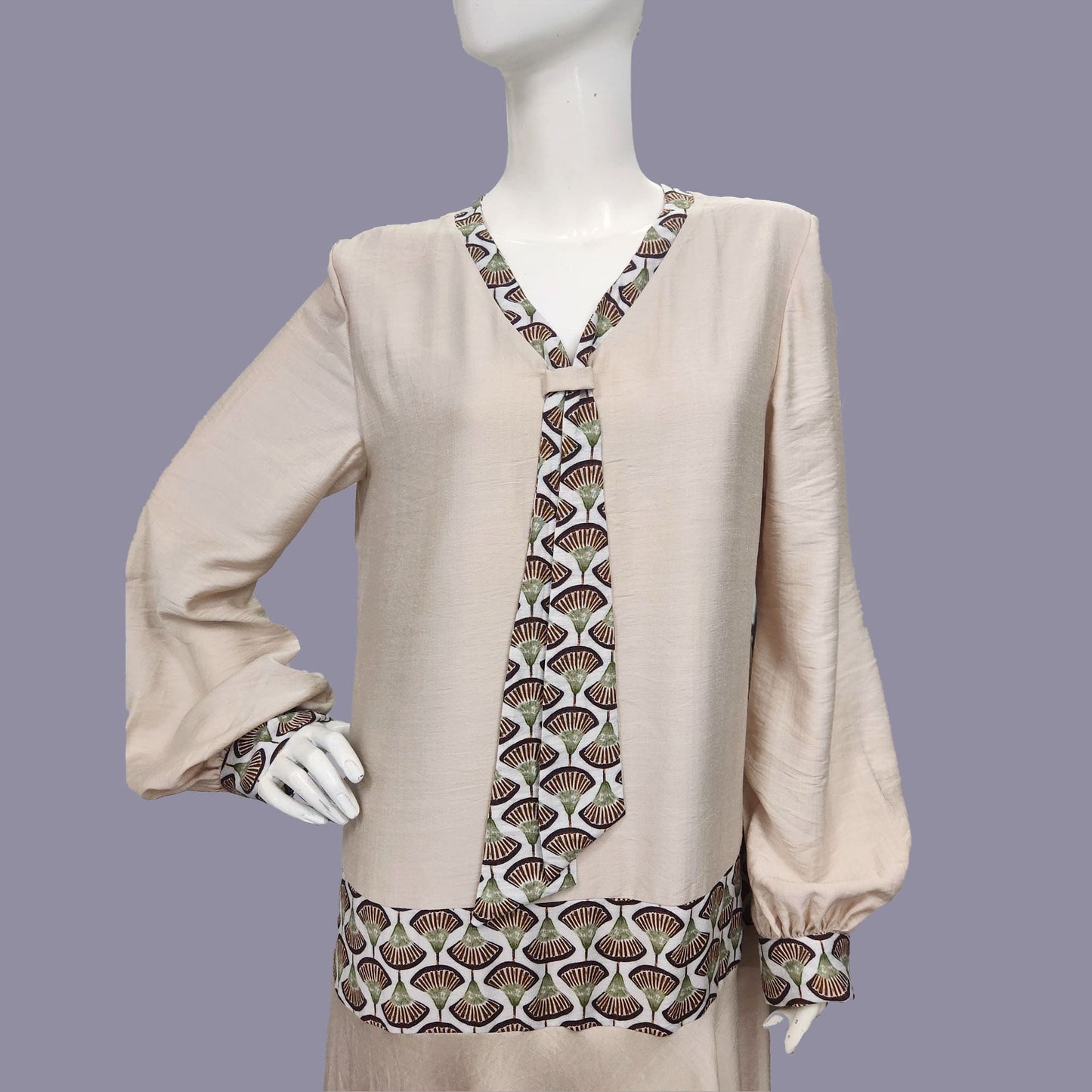 Beige Rayon Downton Abbey style Dress with Brown Deco Fan Print