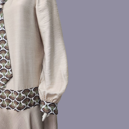 Close up of  Beige Rayon Downton Abbey style Dress with Brown Deco Fan Print