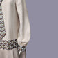 Close up of  Beige Rayon Downton Abbey style Dress with Brown Deco Fan Print