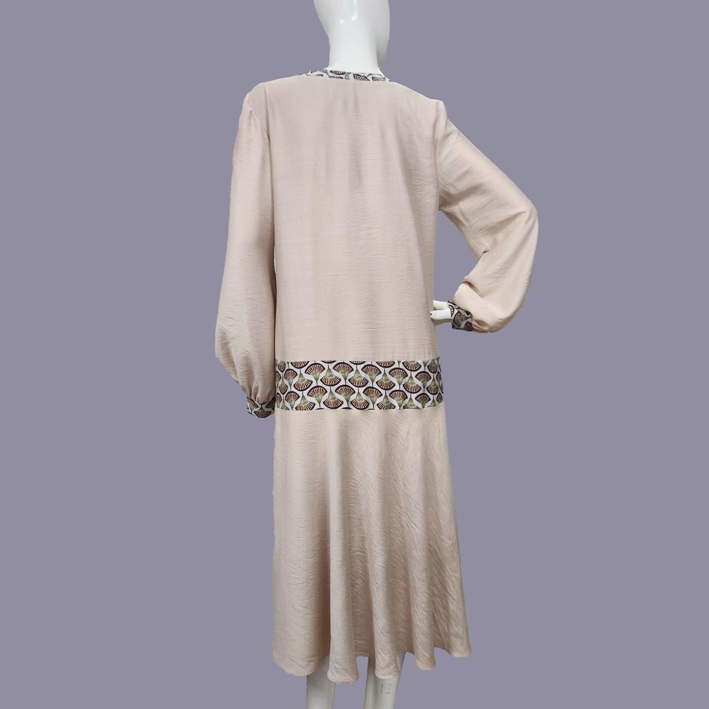 Beige Rayon Downton Abbey style Dress with Brown Deco Fan Print