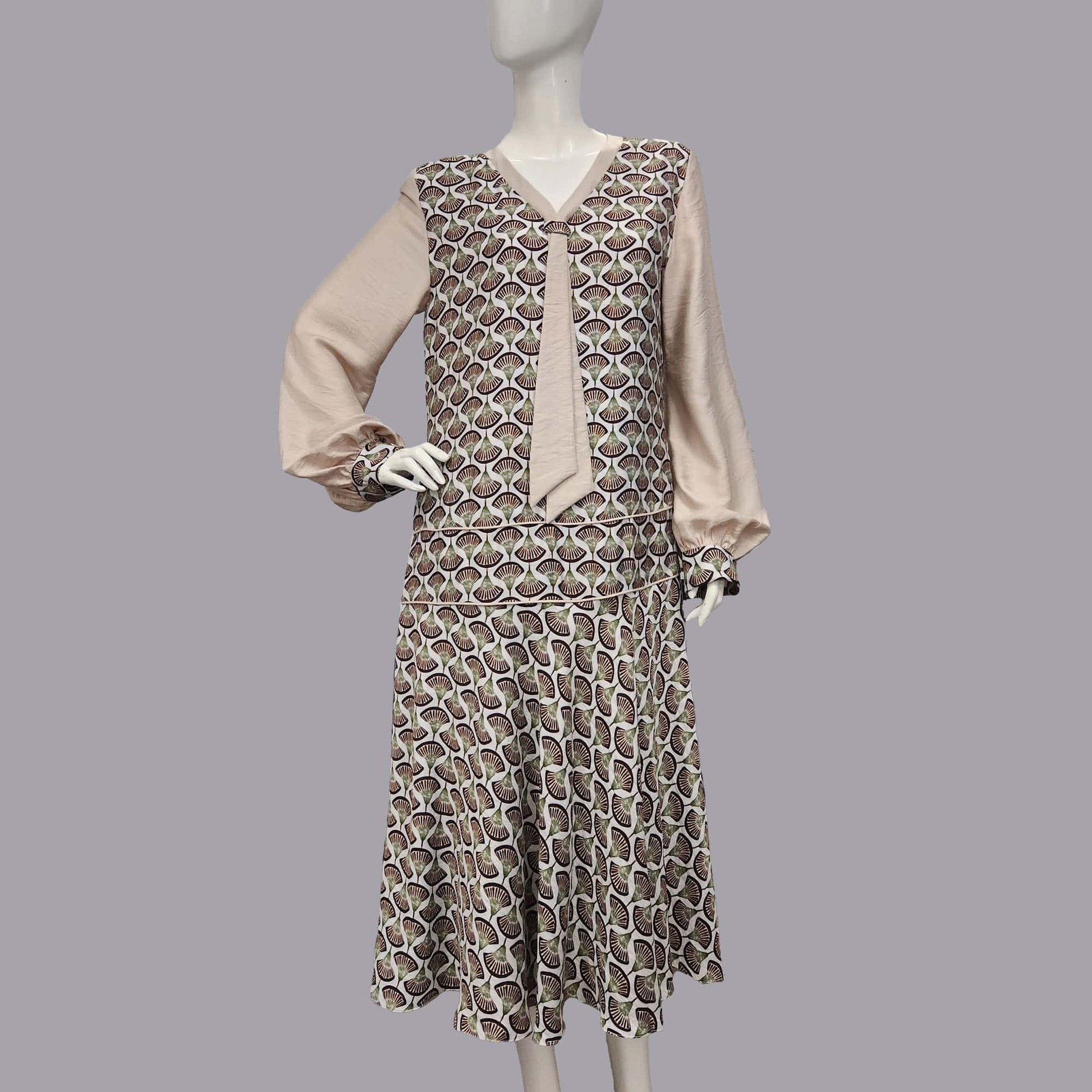 1920s Dress in Brown Deco Fan Print and Beige Contrast details - an art deco dress