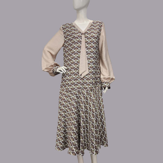1920s Dress in Brown Deco Fan Print and Beige Contrast details - an art deco dress
