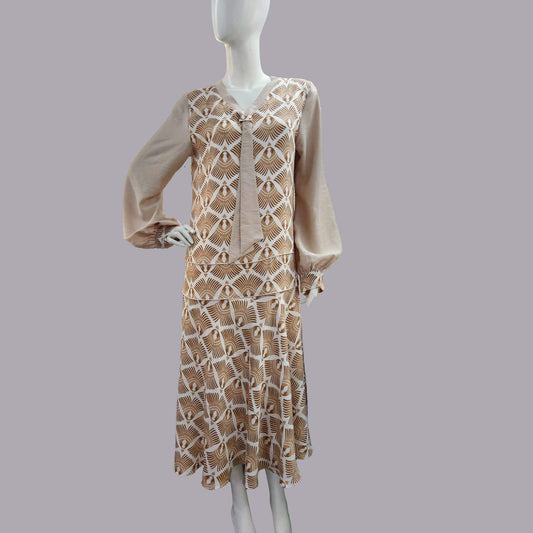 Brown Feather Rayon Blend Art Deco dress with beige long sleeves - a 1920s inspired dress