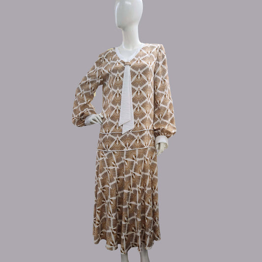 Art Deco dress with a striking brown feather print in soft rayon blend - a 1920s dress