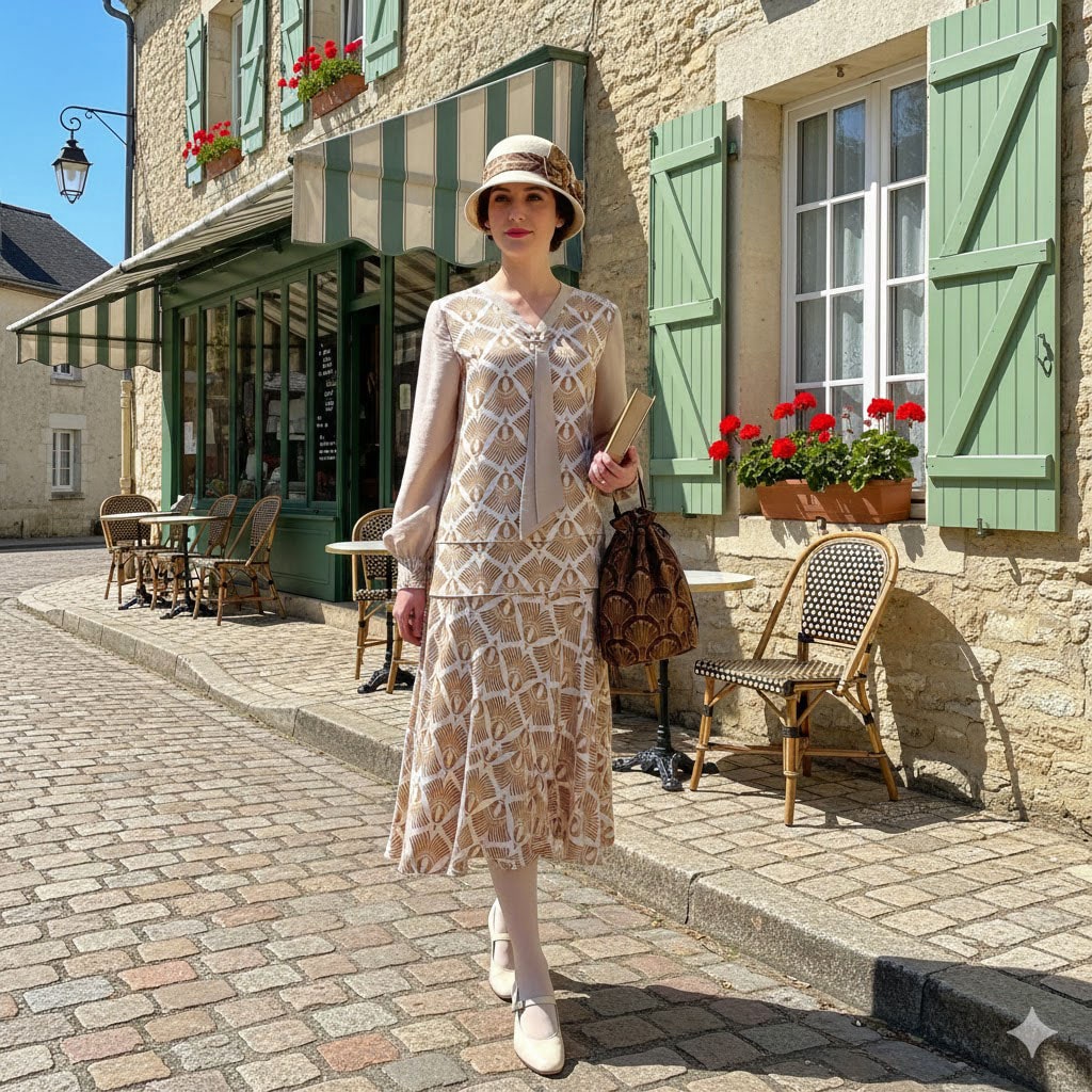 Brown Feather Rayon Blend Art Deco dress with beige long sleeves