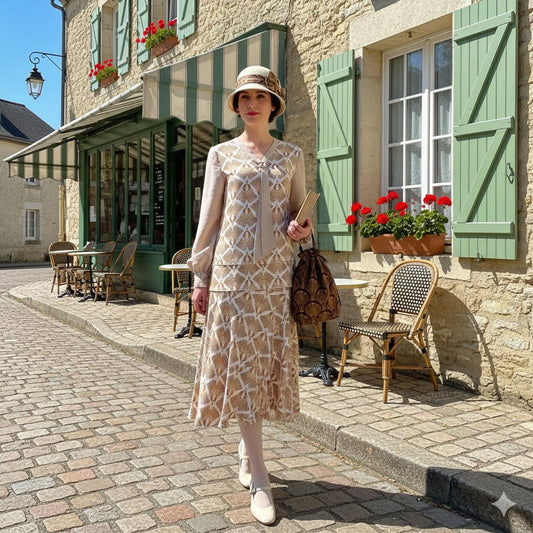 Brown Feather Rayon Blend Art Deco dress with beige long sleeves