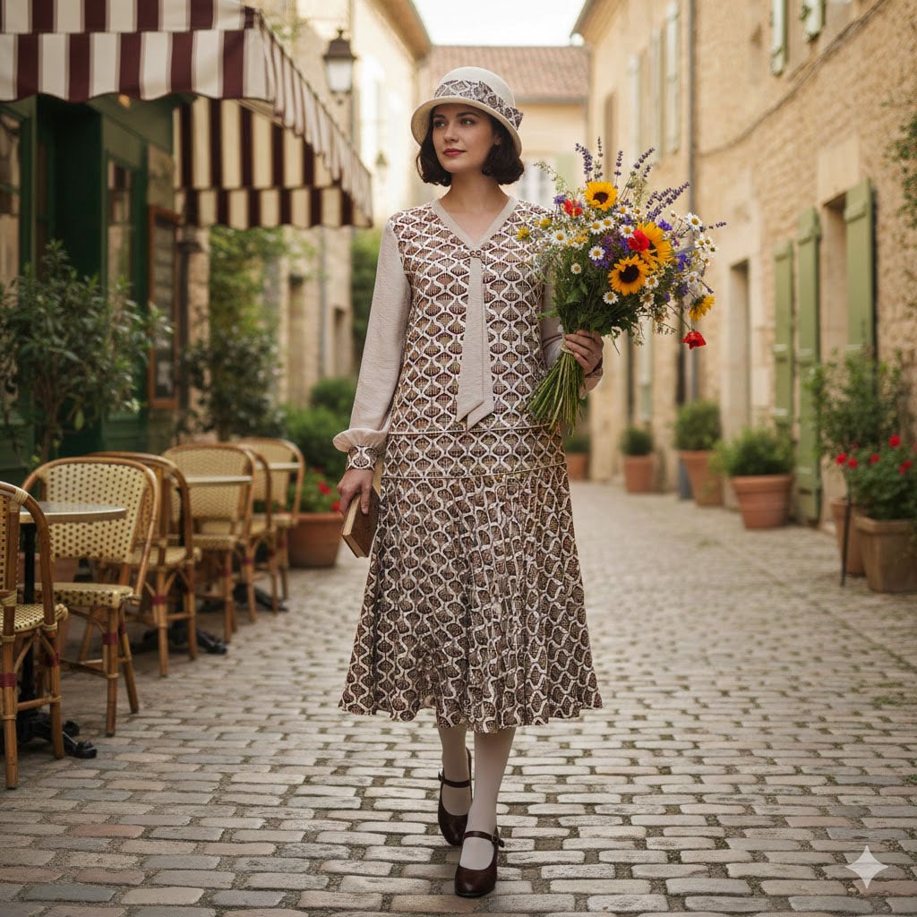 1920s Dress in Brown Deco Fan Print and Beige Contrast details