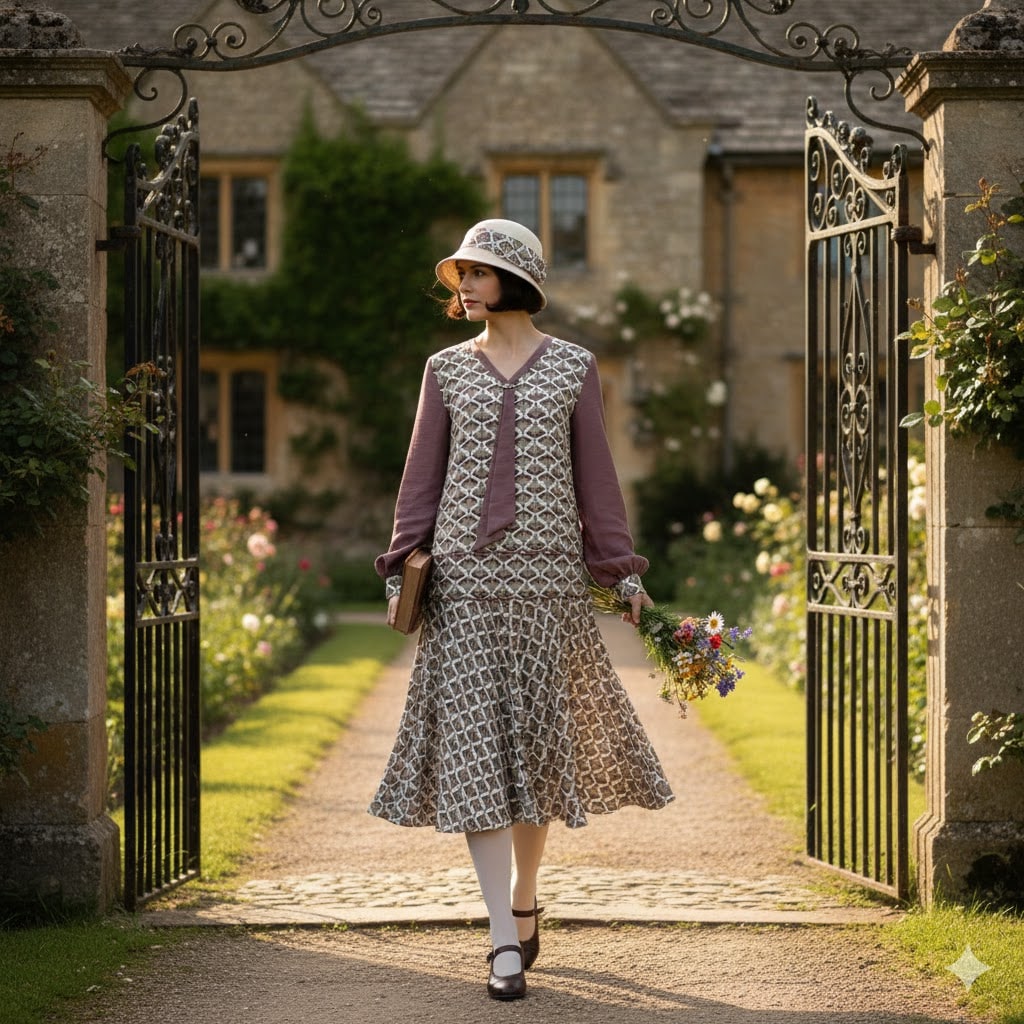 1920s Dress in Brown Deco Fan Print and Dark Taupe Contrast details