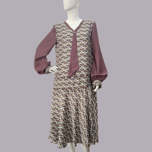 1920s Dress in Brown Deco Fan Print and Dark Taupe Contrast details