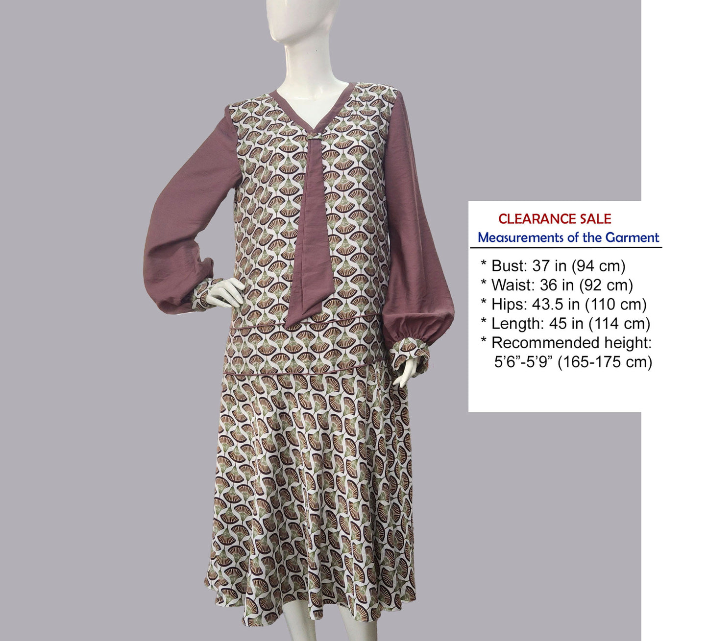 CLEARANCE: 1920s Dress in Brown Deco Fan Print and Dark Taupe Contrast details