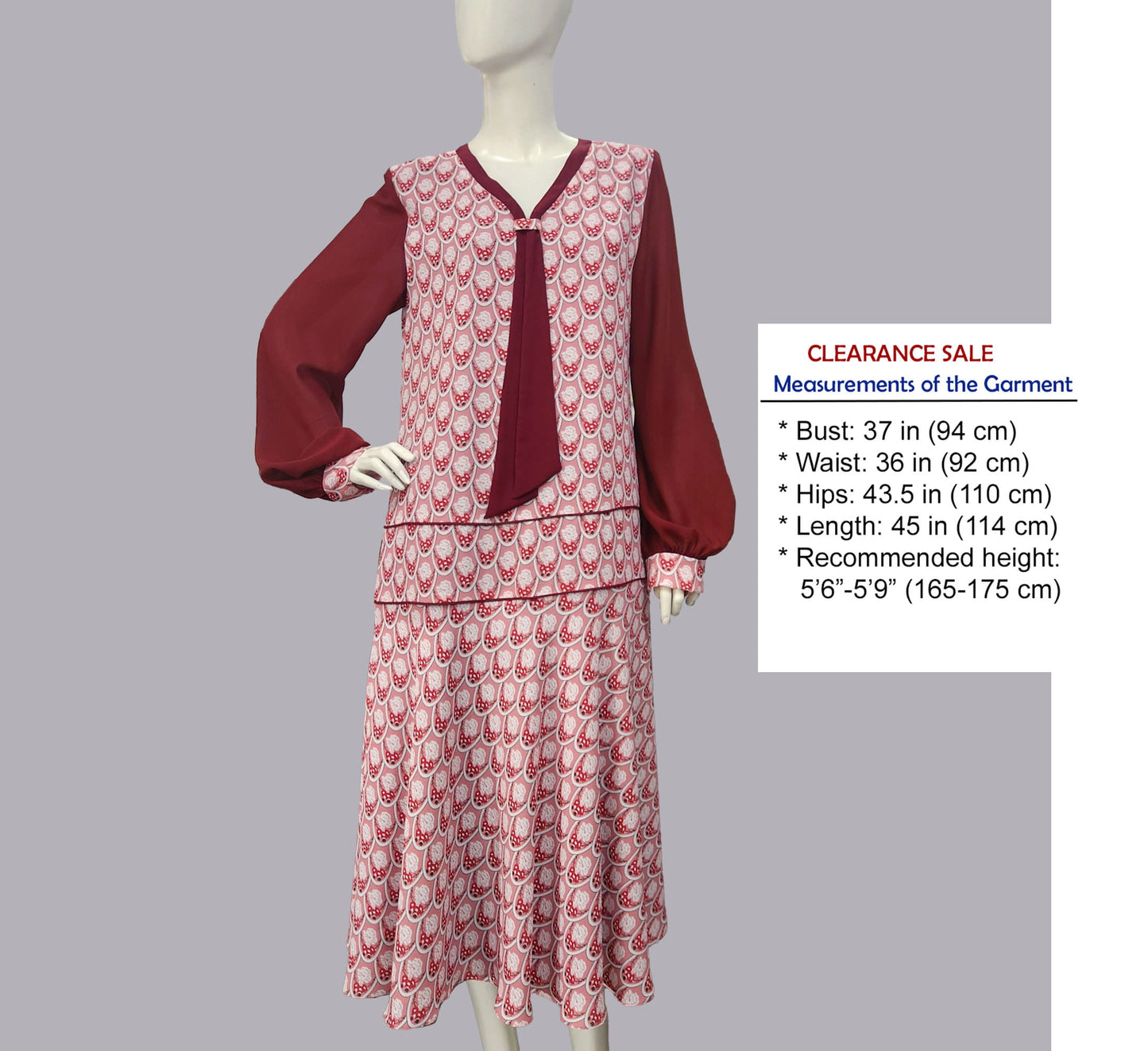 CLEARANCE: 1920s dress in red Art Deco print and maroon red contrasting details