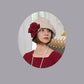 1920s dress in red Art Deco print and maroon red contrasting details