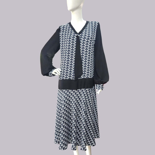 Authentic 1920s Dress in Geometric Black and White Deco Print