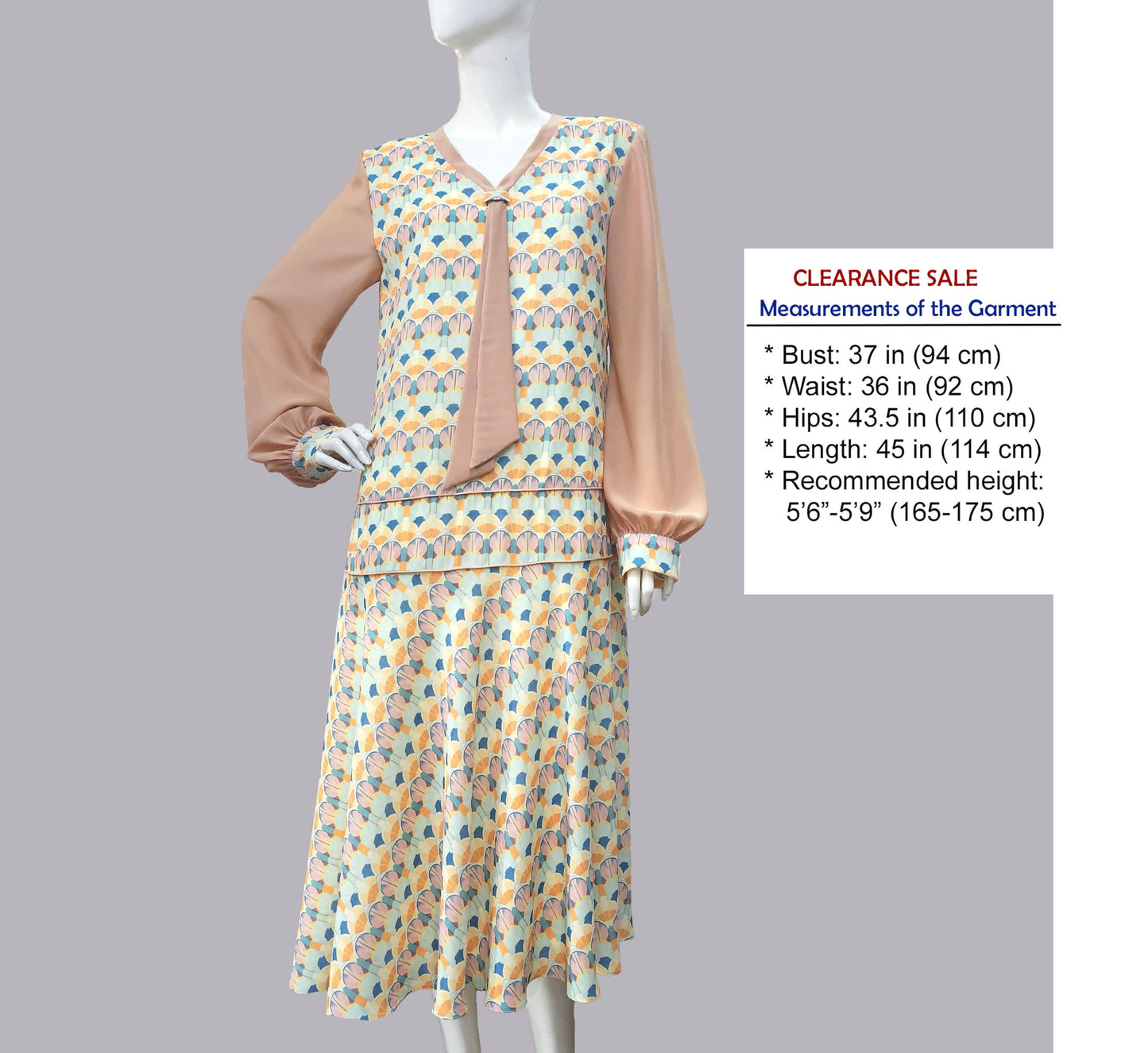 CLEARANCE: 1920s dress with Playful Pastel Art Deco Print and brown Contrast