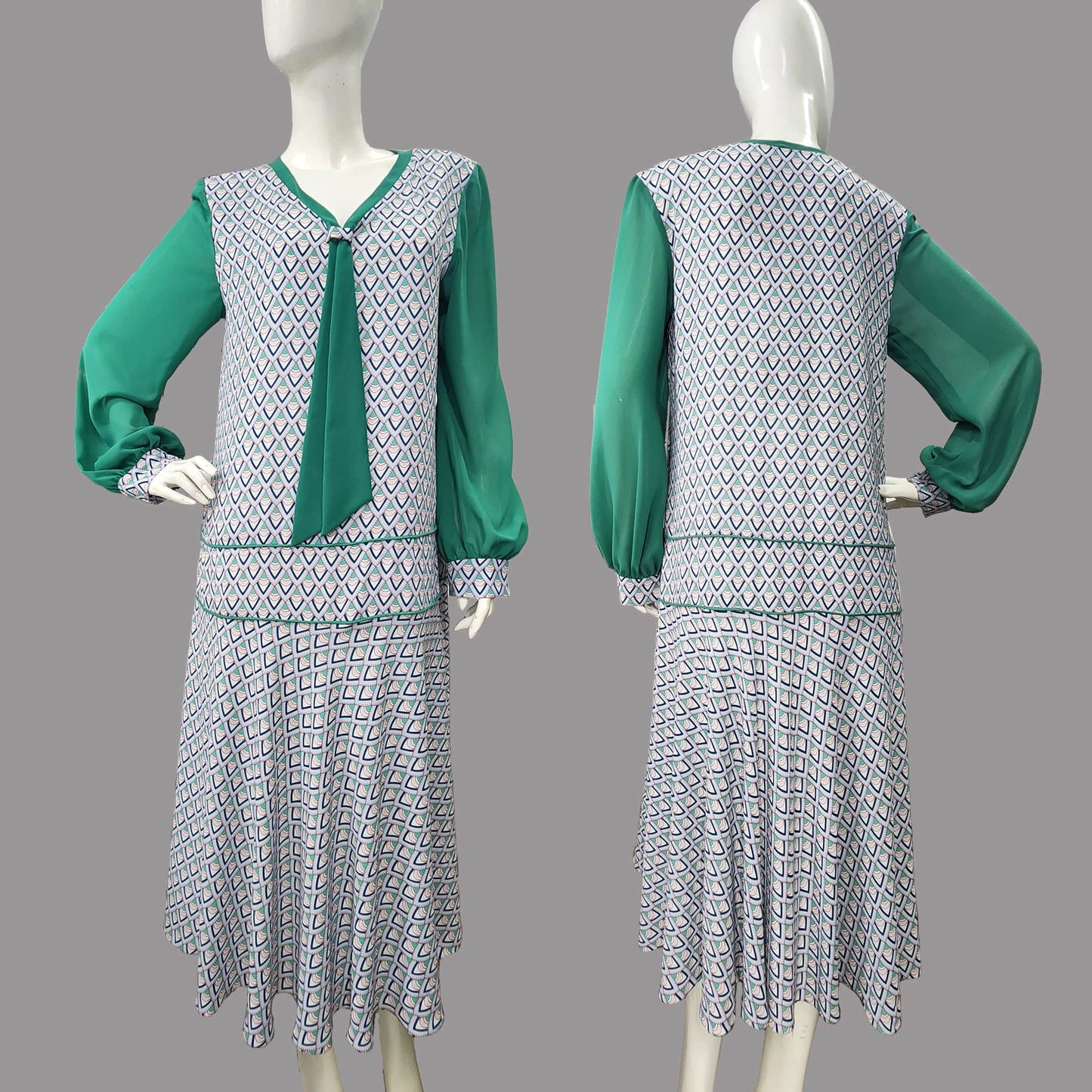 1920s dress with light blue Chevron Deco Print Dress and Jade Green Tie and long sleeves