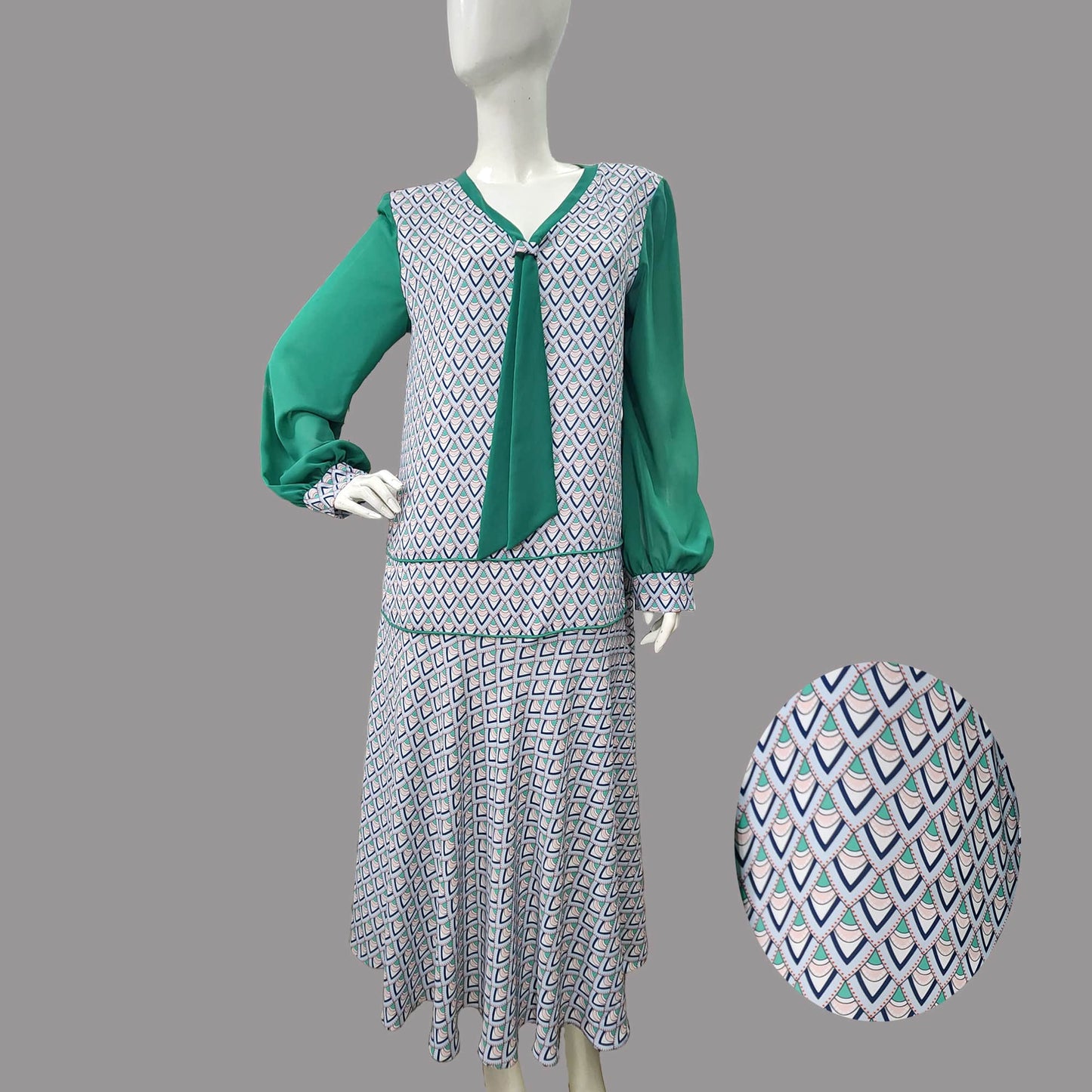 1920s dress with light blue Chevron Deco Print Dress and Jade Green Tie and long sleeves