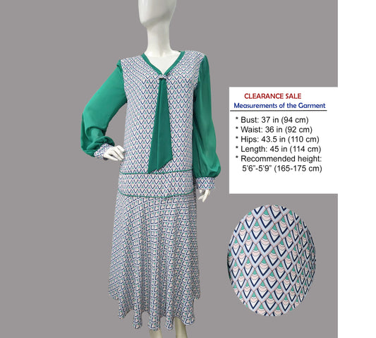 CLEARANCE: 1920s dress with light blue Chevron Deco Print Dress and Jade Green Tie