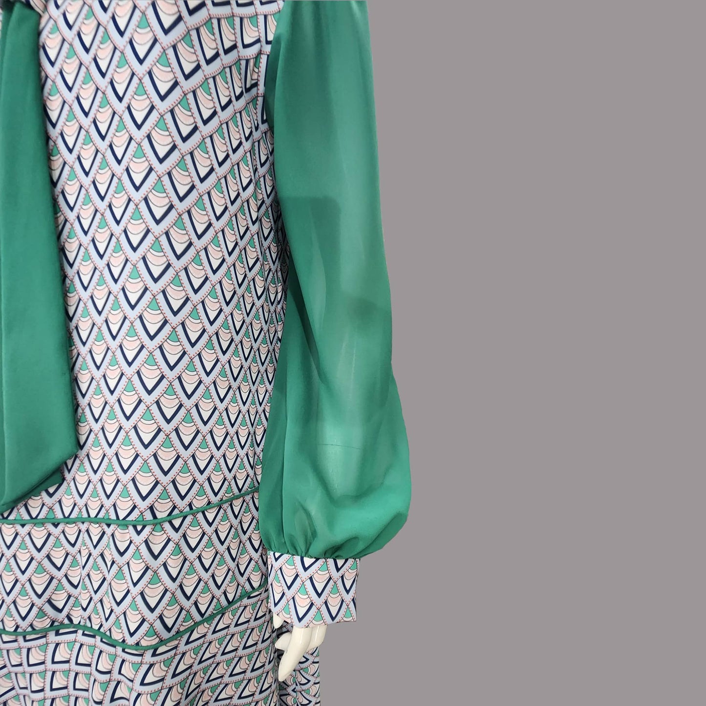 1920s dress with light blue Chevron Deco Print Dress and Jade Green Tie and long sleeves