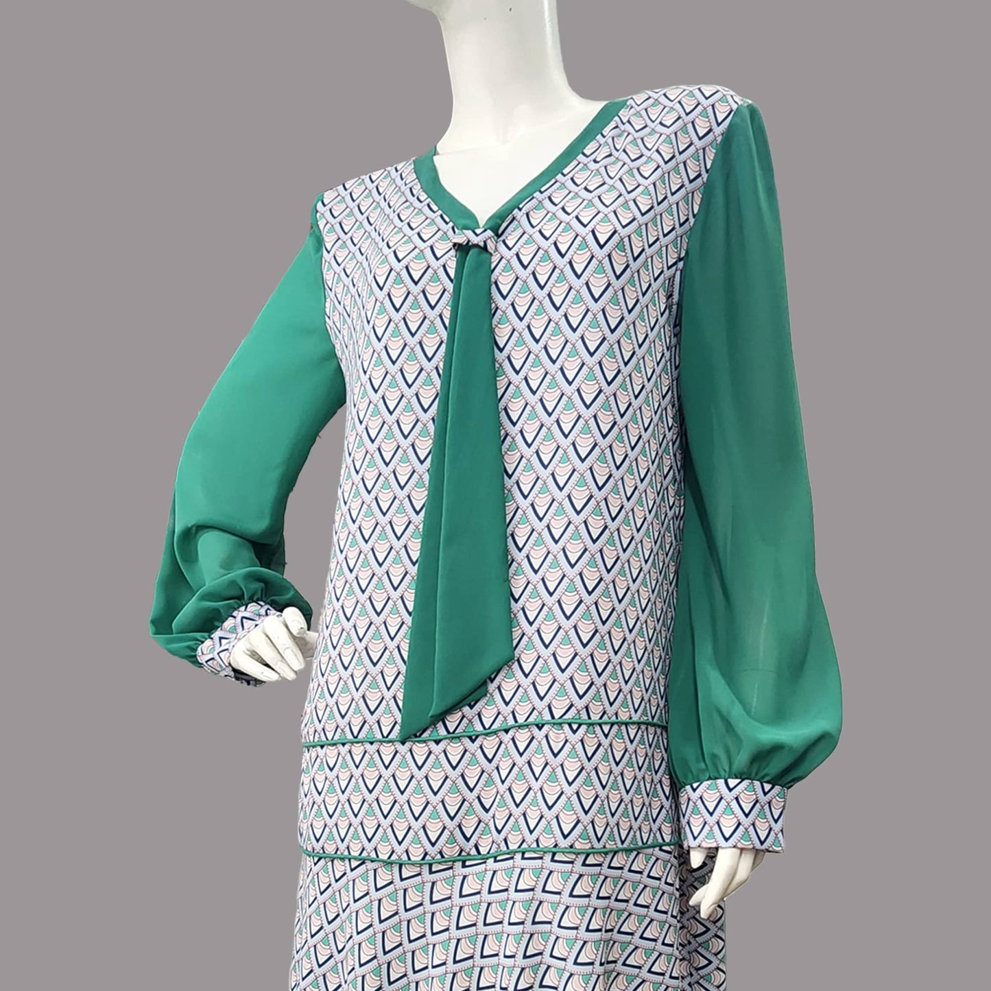1920s dress with light blue Chevron Deco Print Dress and Jade Green Tie and long sleeves