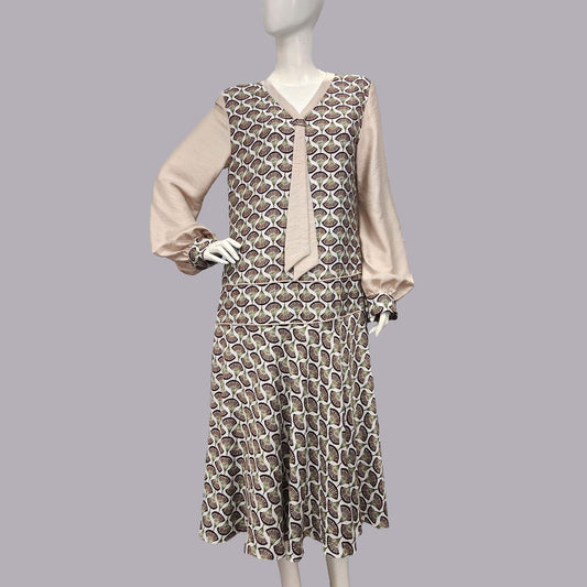 1920s Dress in Brown Deco Fan Print and Beige Contrast details
