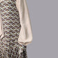 close up of 1920s Dress in Brown Deco Fan Print and Beige Contrast details