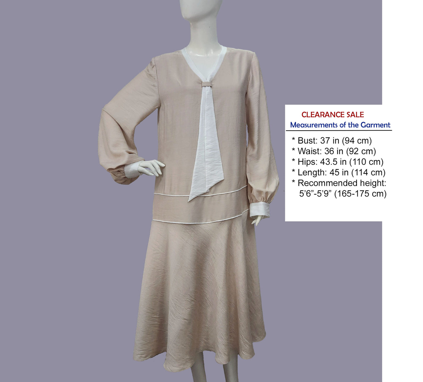 CLEARANCE: Beige 1920s Afternoon Tea Dress with Off-White Contrasting Details