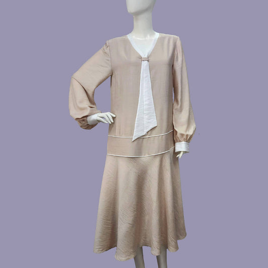 Beige 1920s Afternoon Tea Dress with Off-White Contrasting Details