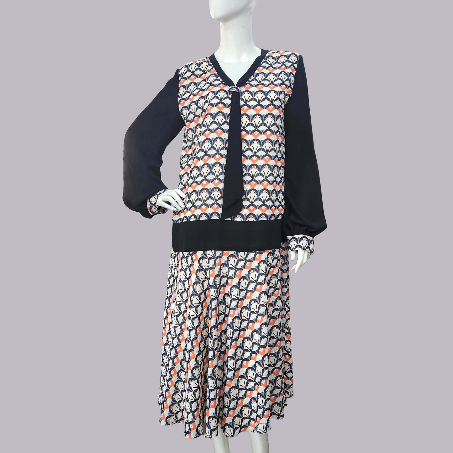 1920s dress in Art Deco Fan Print in Black, Ivory and Terracotta