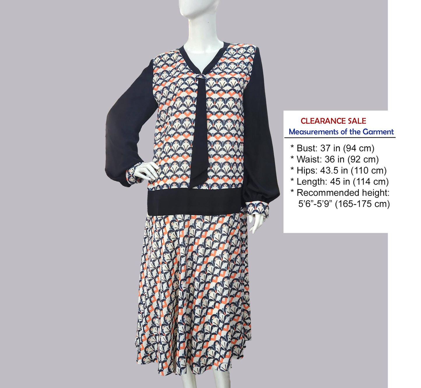 CLEARANCE: 1920s dress in Art Deco Fan Print in Black, Ivory and Terracotta