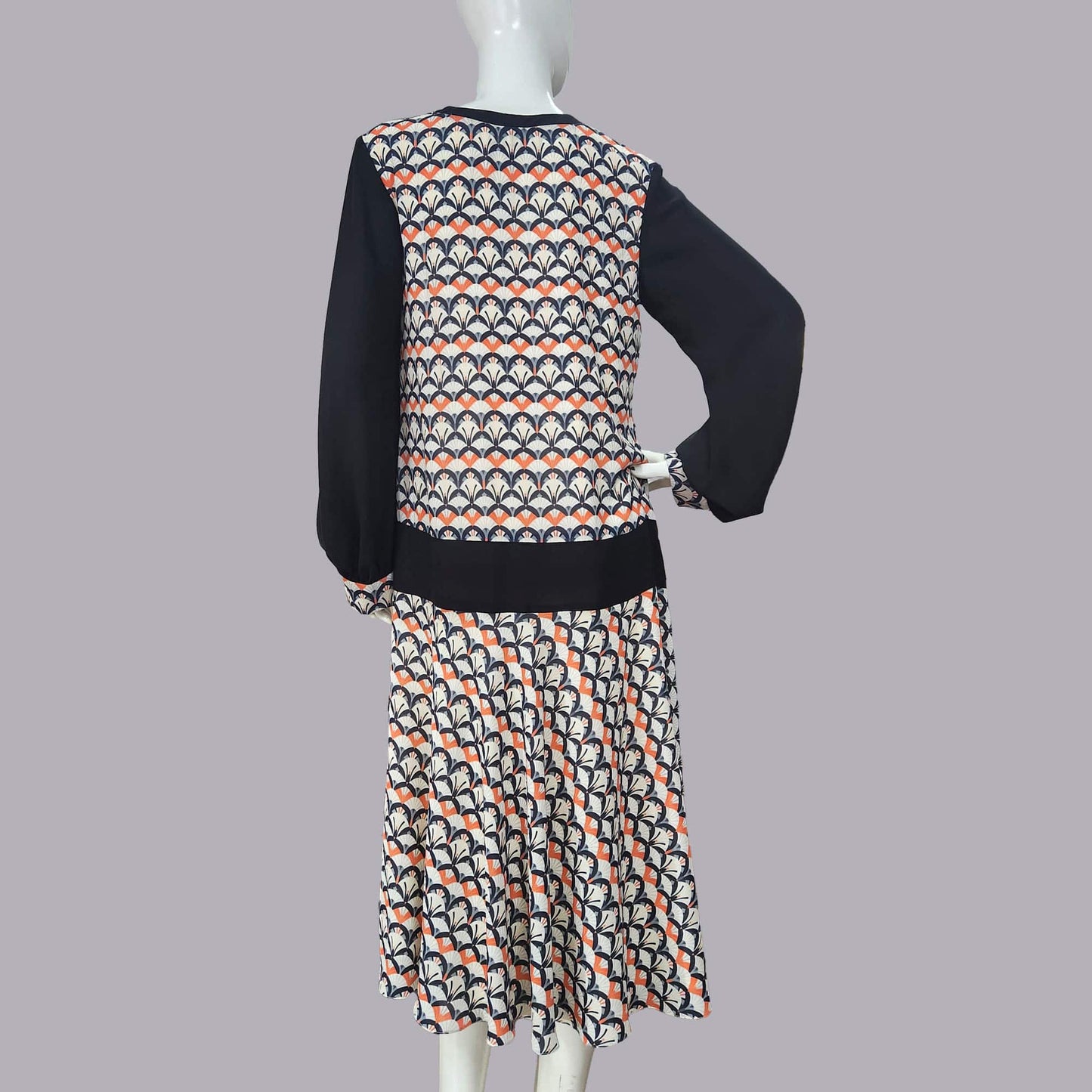 1920s dress in Art Deco Fan Print in Black, Ivory and Terracotta