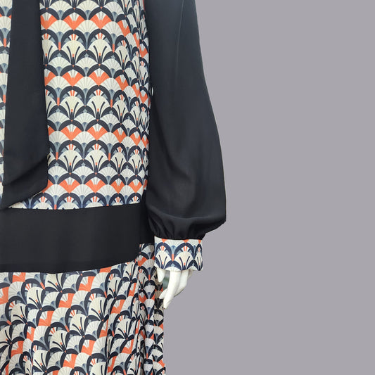 1920s dress in Art Deco Fan Print in Black, Ivory and Terracotta