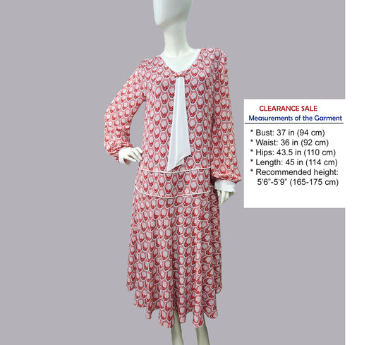 CLEARANCE: 1920s Style Soft Red Art Deco Print Dress with White Tie