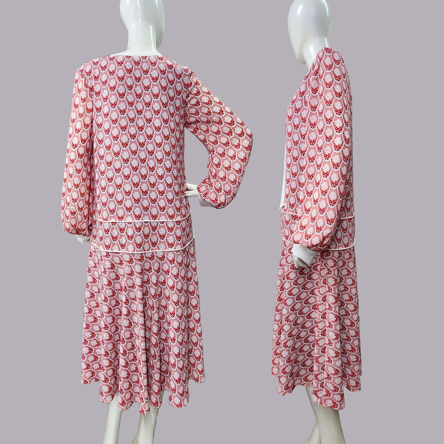 1920s Style Soft Red Art Deco Print Dress with White Tie