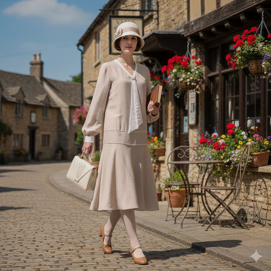 Beige 1920s Afternoon Tea Dress with Off-White Contrasting Details