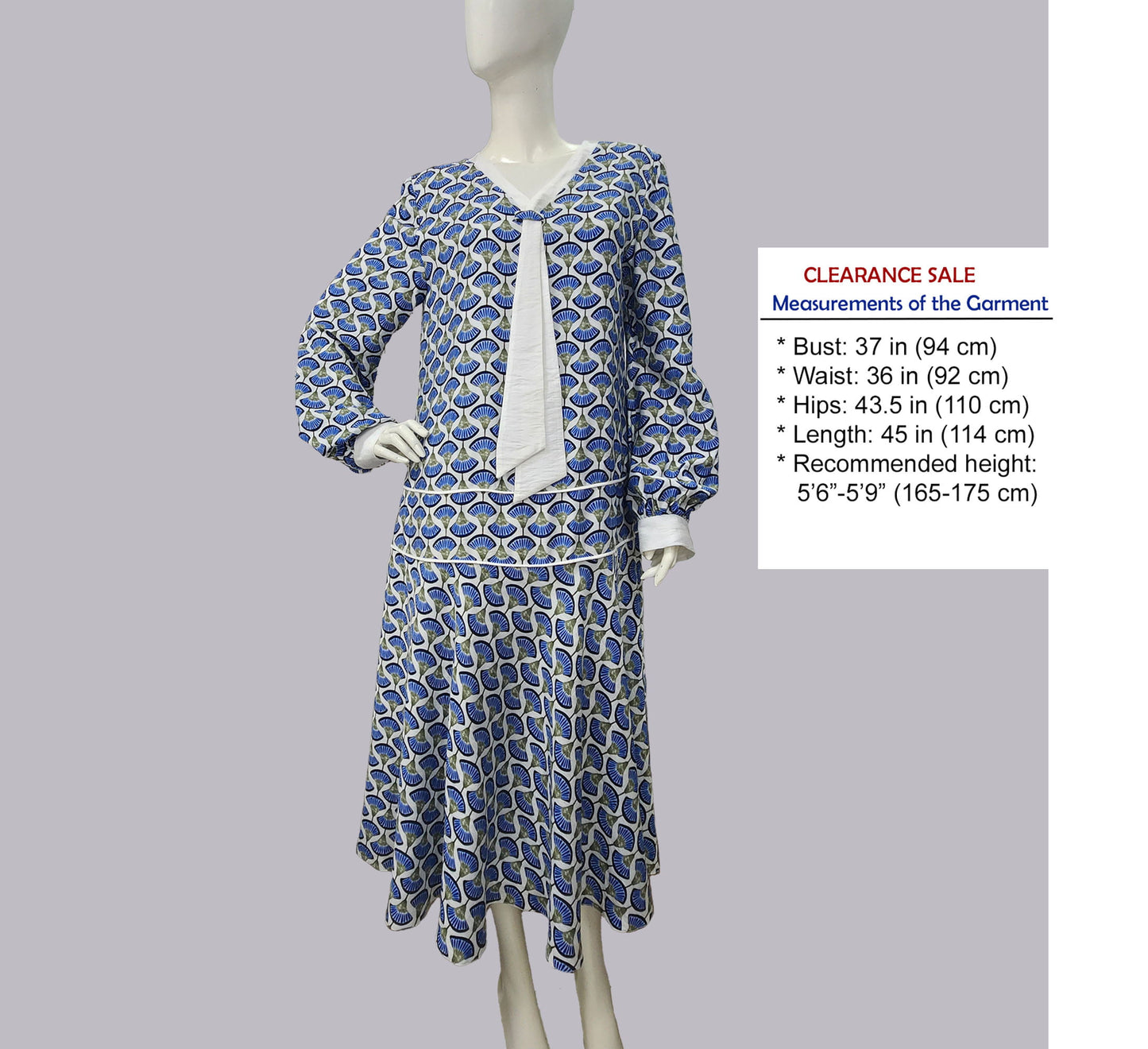 CLEARANCE: 1920s Style Blue Palm Leaf Print Dress with White Tie