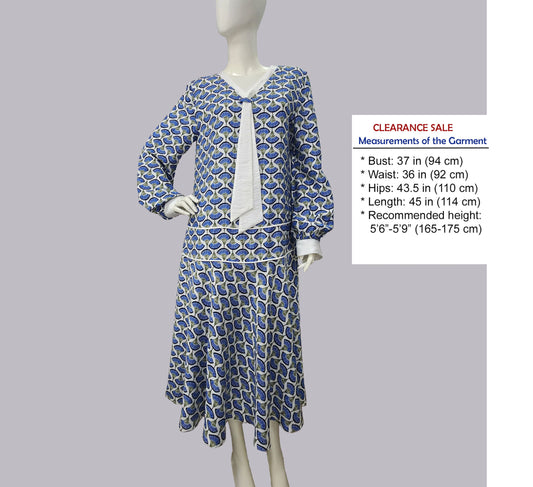 CLEARANCE: 1920s Style Blue Palm Leaf Print Dress with White Tie