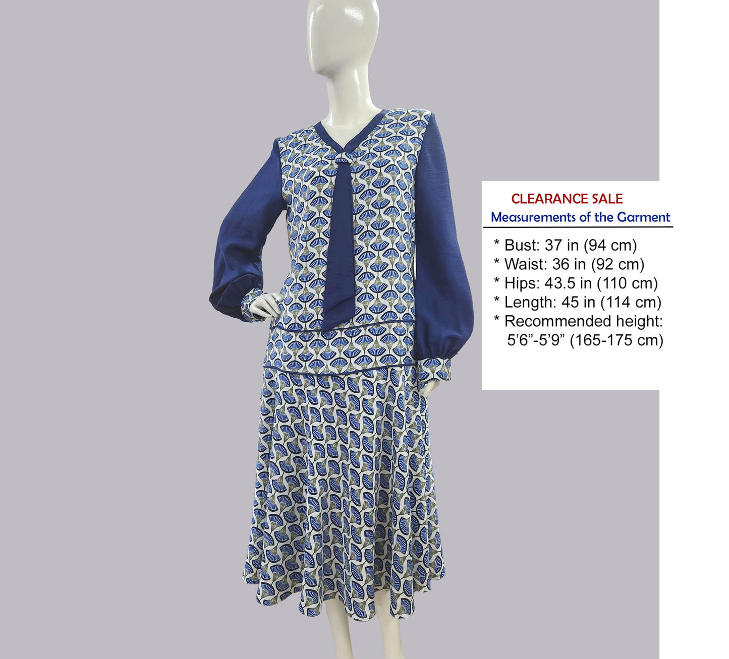 CLEARANCE: Blue Fan print 1920s Dress in Art Deco rayon blend design