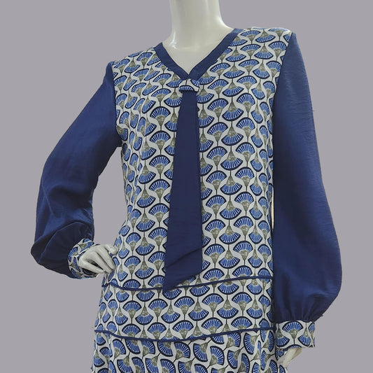 Mannequin wearing a Blue Fan print 1920s Dress in Art Deco rayon blend design