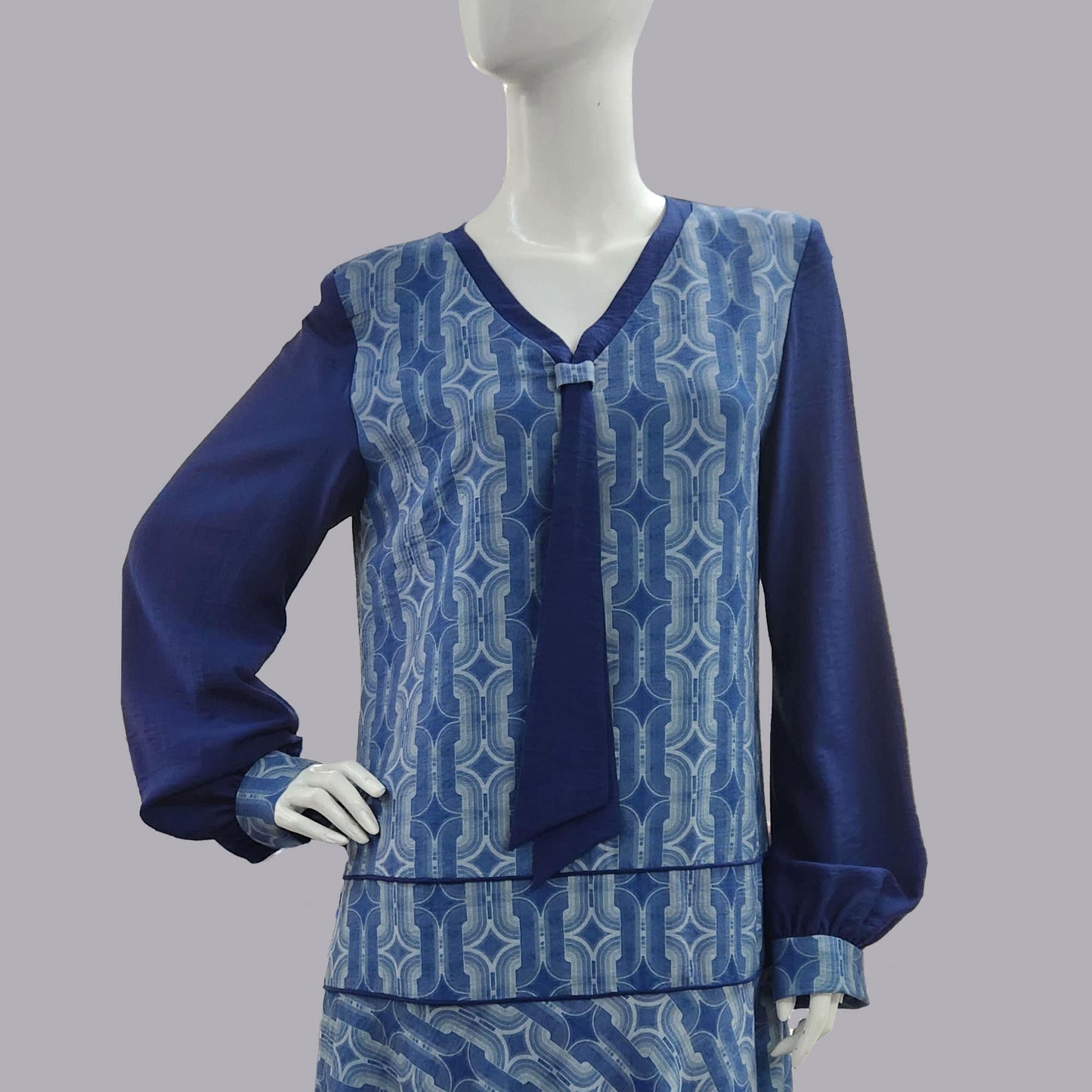 Art Deco dress in blue rayon blend with flowing drop-waist silhouette