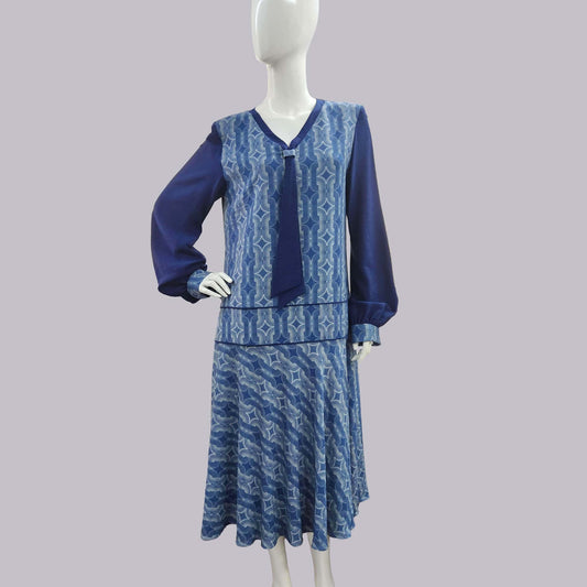 Art Deco dress in blue rayon blend with flowing drop-waist silhouette