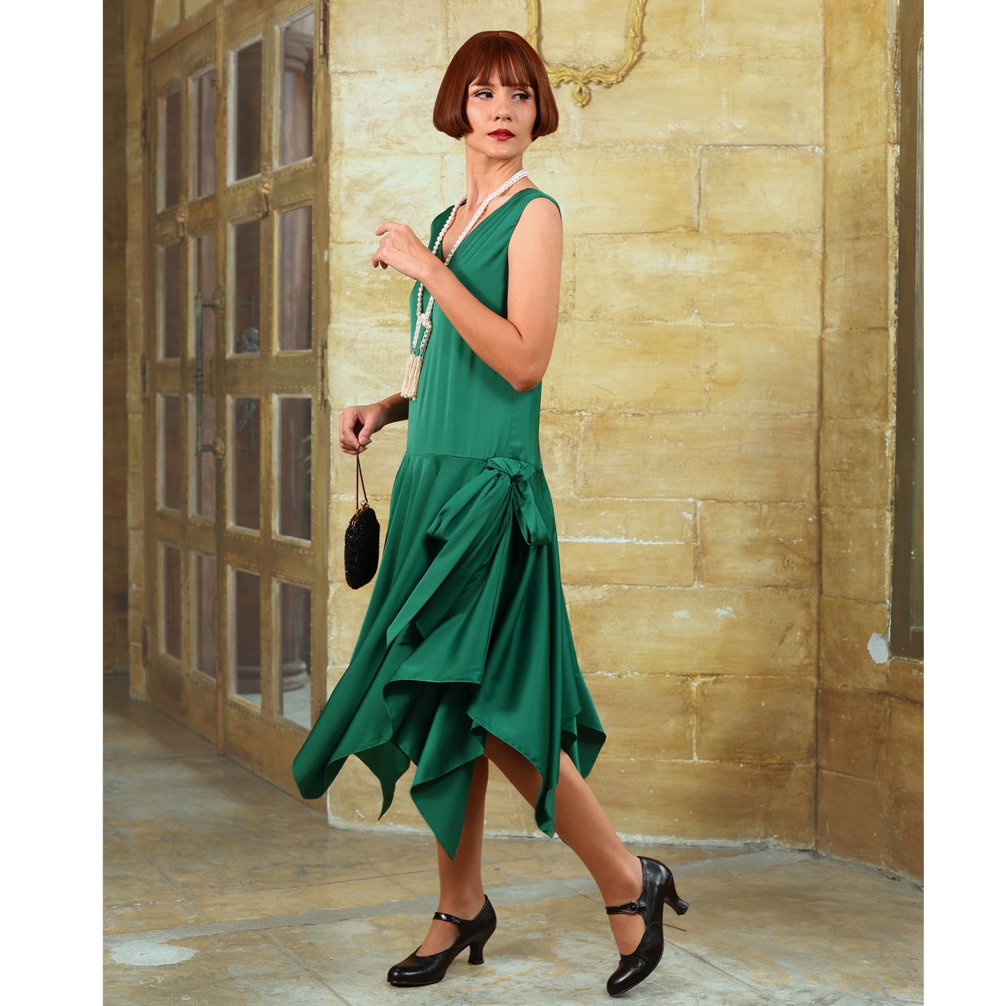 Green roaring 20s satin party dress with handkerchief skirt LaVieDelight Green roaring 20s satin party dress with handkerchief skirt LaVieDelight