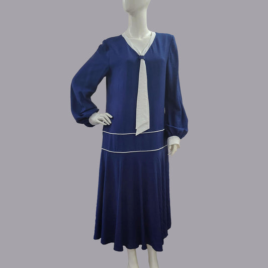 Rayon blend Art Deco dress in a solid blue design and white piping - a 1920s dress