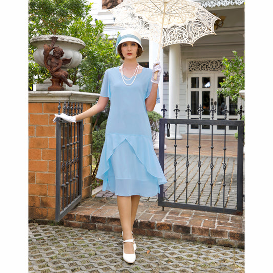 Great Gatsby hat with off-white cotton and light blue chiffon