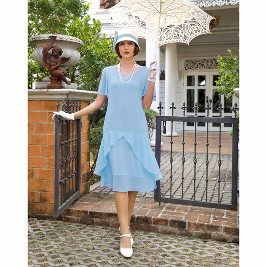 Great Gatsby hat made of off-white cotton and light blue chiffon, a cloche to be worn as  Downton Abbey hat or Jazz Age lawn party hat.