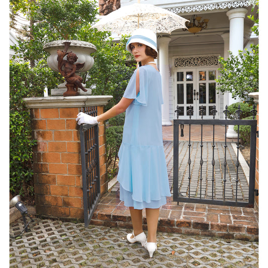 Blue 1920s Great Gatsby day dress, or 1920s high tea dress, with sweetheart neckline made of carolina blue crepe georgette fabric.